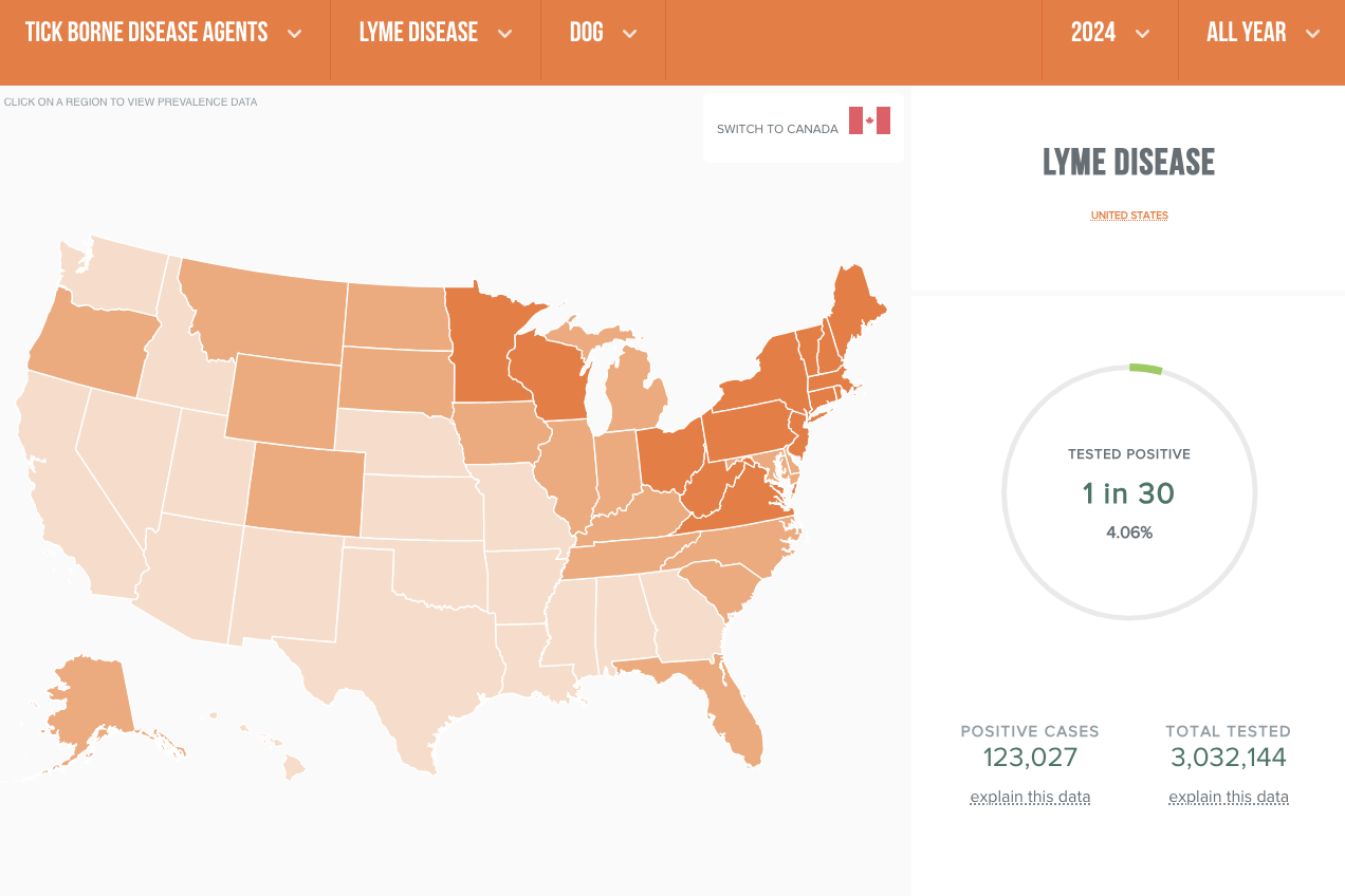 Map of United States showing Lyme diagnoses hot spots for dogs